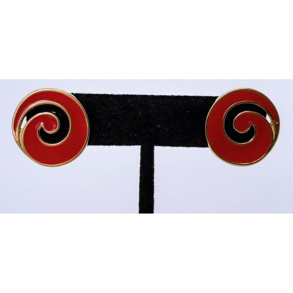 Vintage Monet Goldtone Red Enamel Swirl Post Earrings - Picture 2 of 8
